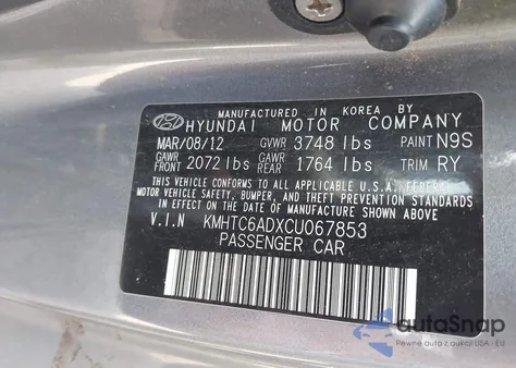 2012 Hyundai Veloster Base W/Black z USA, uszkodzony, nr VIN KMHTC6ADXCU067853